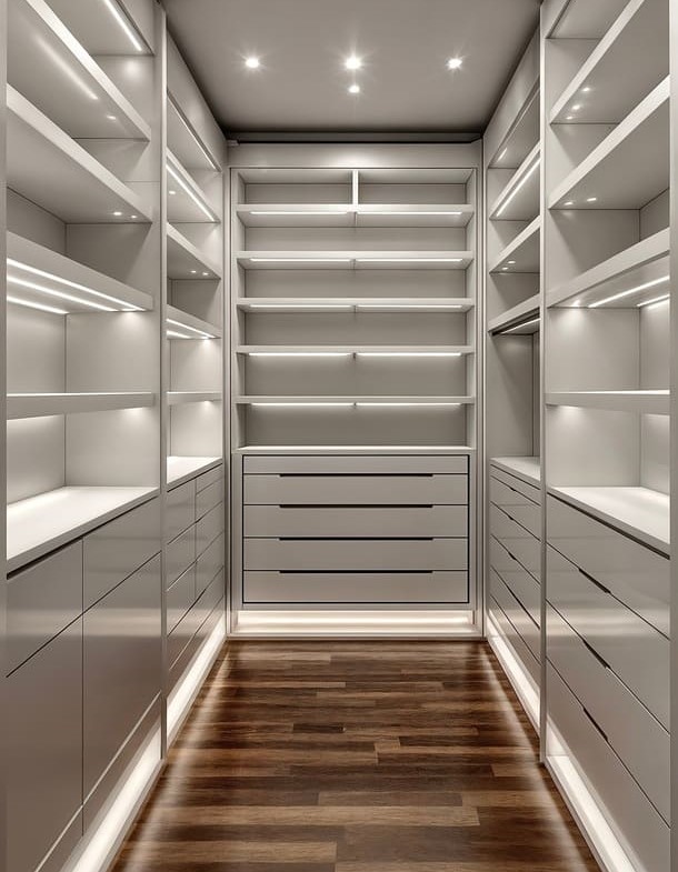 Begehbarer Kleiderschrank mit beleuchteten Regalen, eleganten Schubladen und Parkettboden.