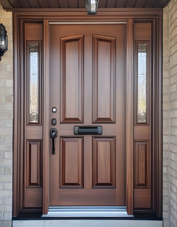 Haustür mit schlüssellosem Zugangssystem und intelligenter Türklingelkamera.