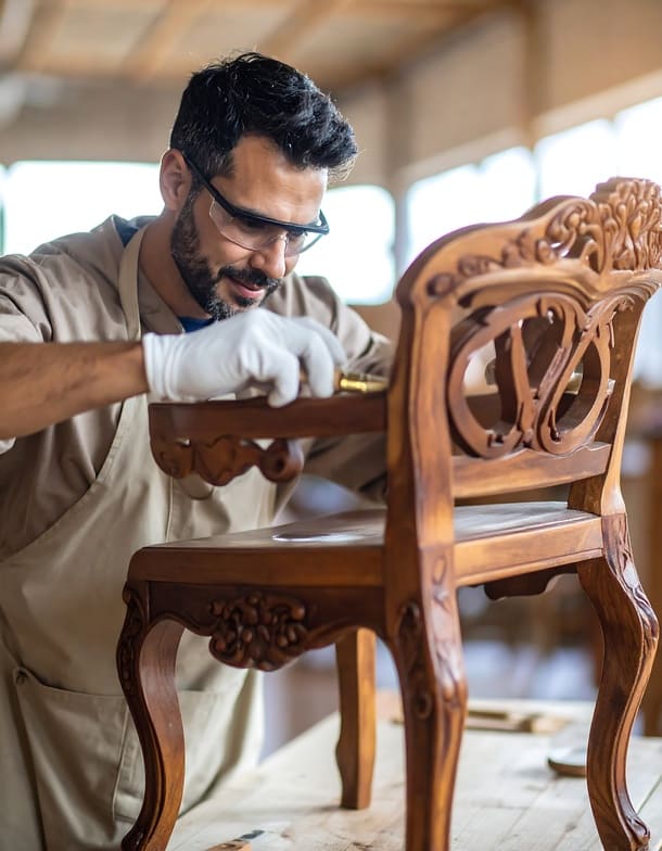 Handwerker repariert antiken Stuhl